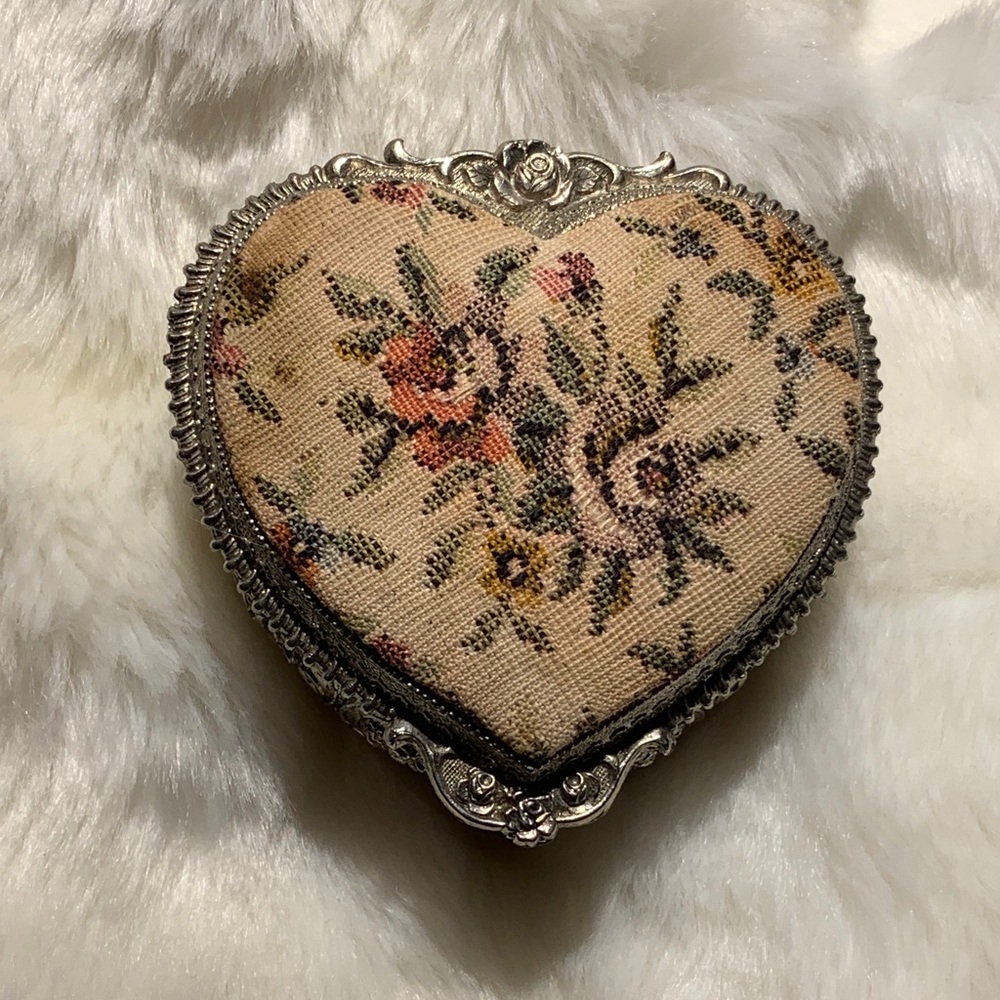 Vintage heart shaped ornate silver Victorian trinket box  tapestry lid